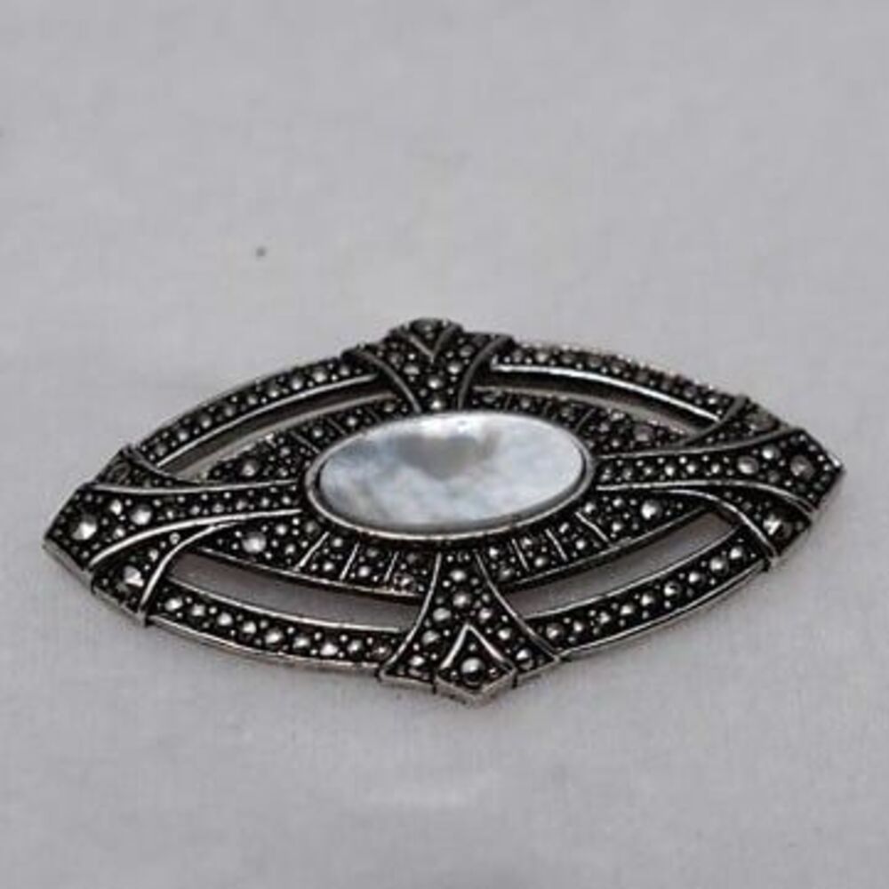 Vintage Marcasite Art Deco Mother Of Pearl Victorian Style Pin/Brooch